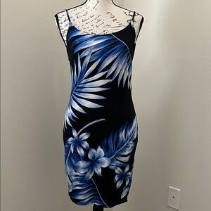 Iris Black Dress with Blue and White Leaf Design